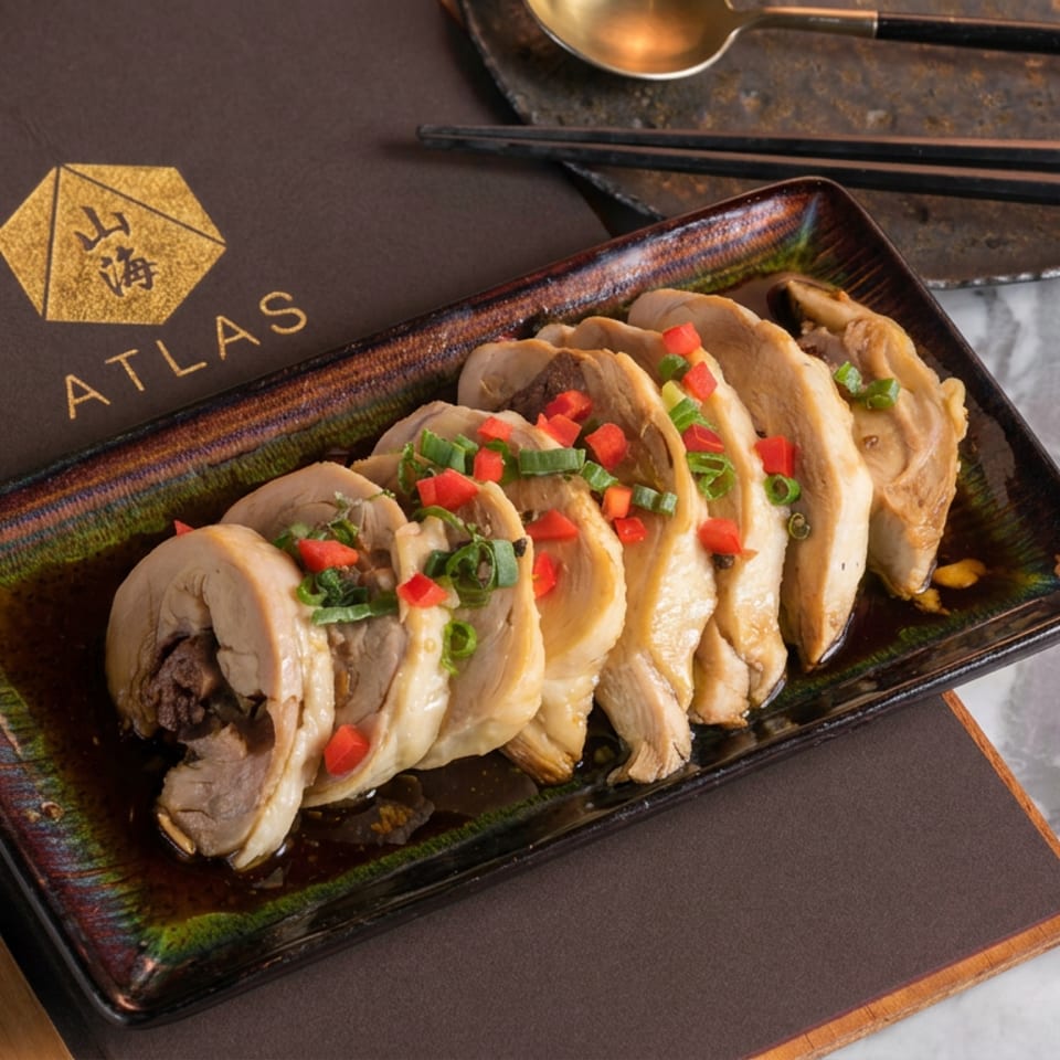 Sliced steamed chicken garnished with red peppers and scallions on a ceramic plate beside chopsticks and a spoon.