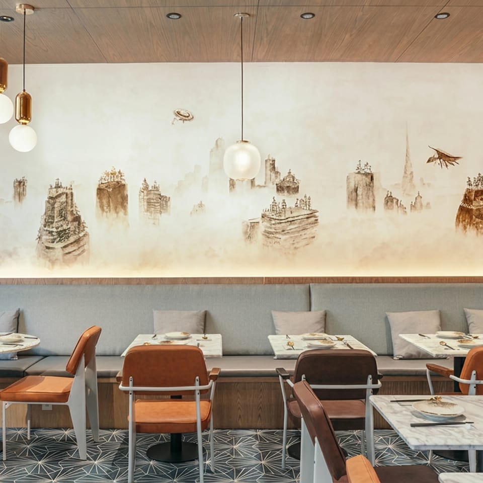 Elegant restaurant dining room with set tables, leather chairs, pendant lights, and a misty cityscape mural.