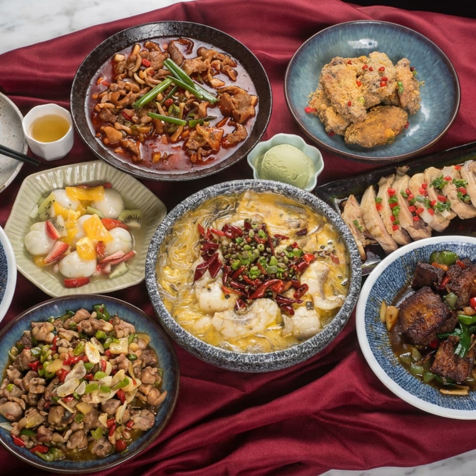 Overhead spread of Chinese dishes, including spicy meats, vegetables, dumplings, noodles, and fish, arranged on red fabric.