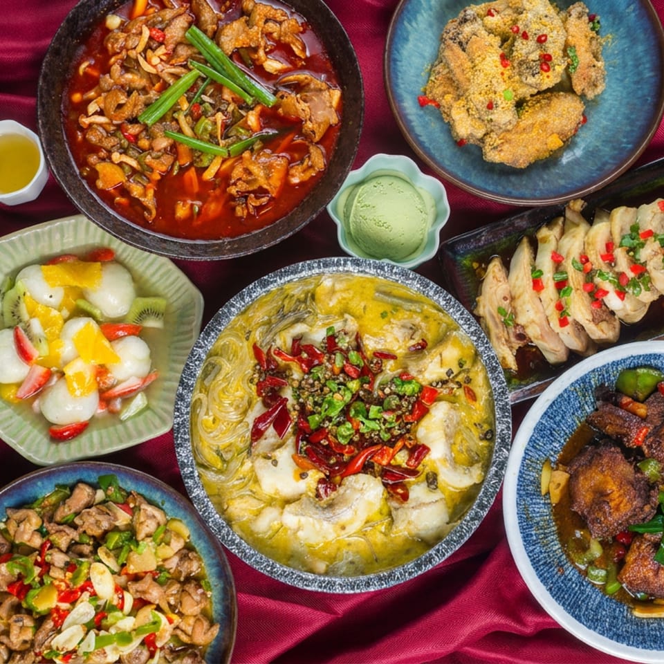 Overhead spread of colorful Chinese dishes, including spicy meats, dumplings, noodles, vegetables, and dipping sauces on red fabric.