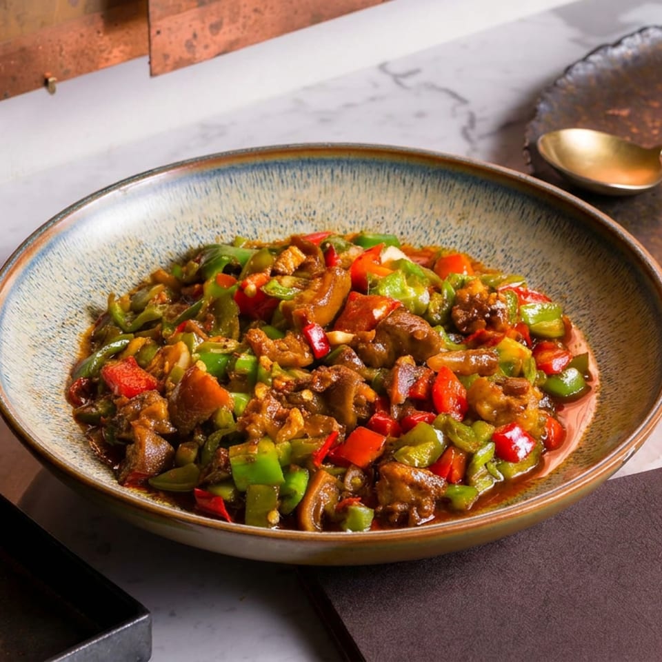 Bowl of saucy stir-fried meat, mushrooms, and red and green peppers on a marble restaurant table with chopsticks and teapot.