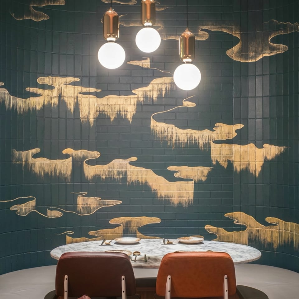 Elegant restaurant booth with teal tiled walls, gold cloud mural, marble table, leather chairs, and glowing pendant lights.