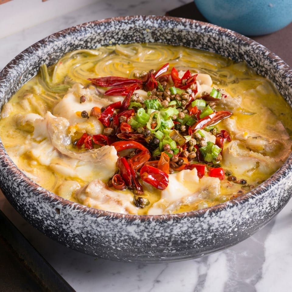 Bowl of creamy noodles topped with white fish, red chilies, green onions, and peppercorns on a marble table.