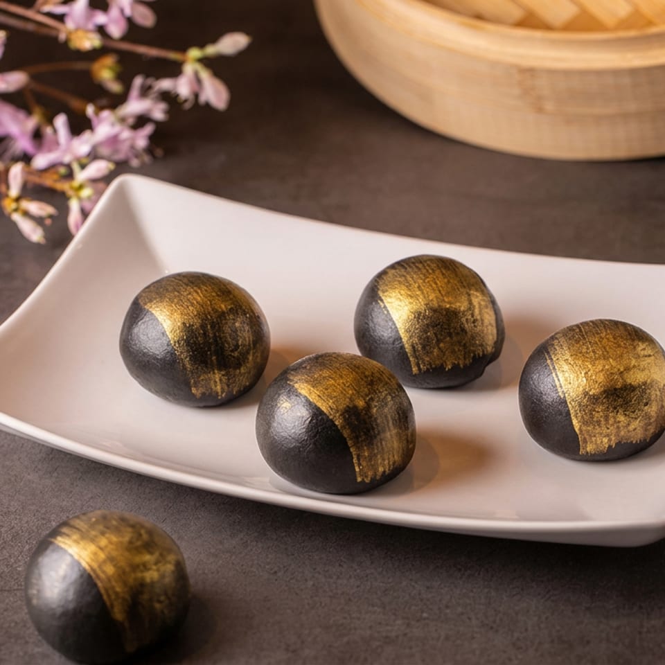 Four black-and-gold spherical confections sit on a white plate, with one beside it, cherry blossoms, and a bamboo steamer nearby.
