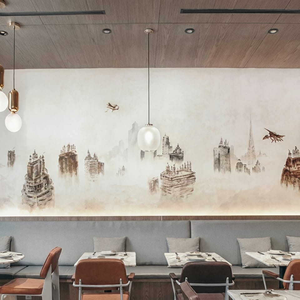 Contemporary restaurant dining area with set tables, pendant lighting, banquette seating, and a whimsical cityscape mural.