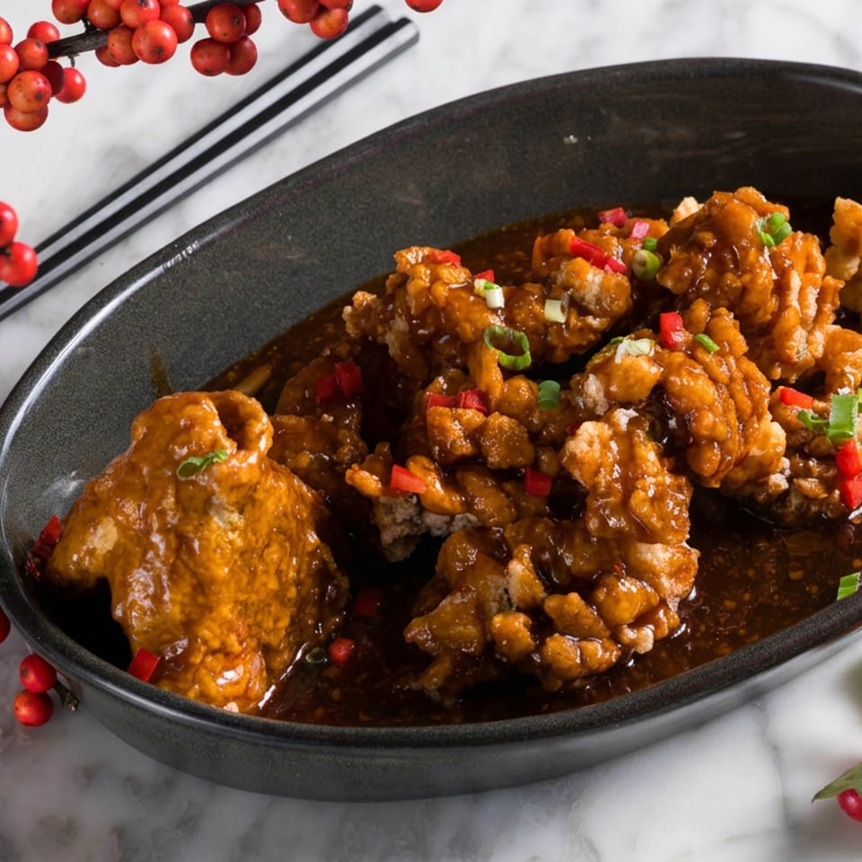 Crispy battered chicken pieces coated in glossy brown sauce, garnished with green onions and red peppers in a black oval dish.