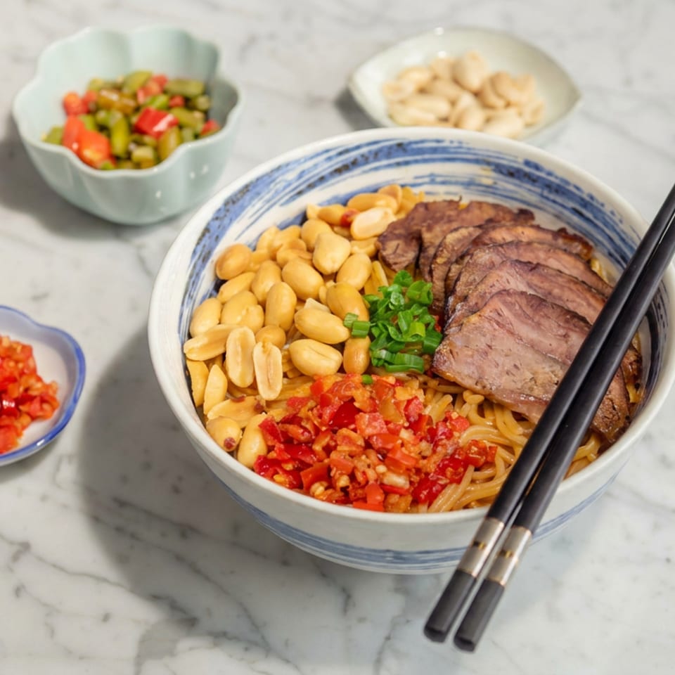Bowl of noodles topped with sliced beef, peanuts, herbs, and chili, served with colorful vegetable side dishes and chopsticks.