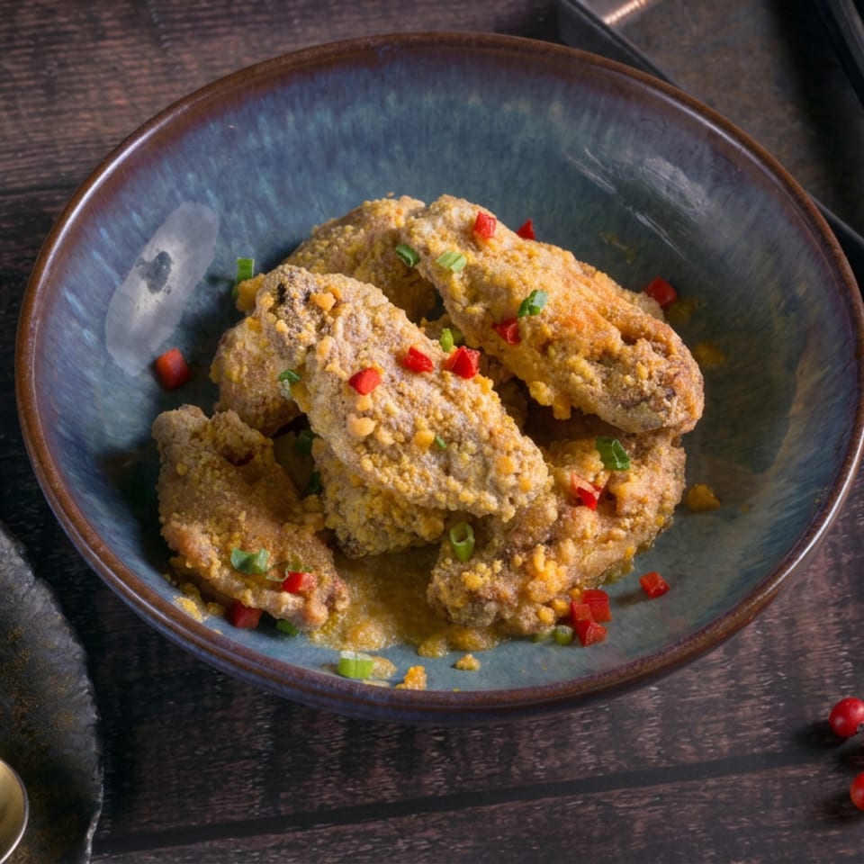 Crispy fried pieces garnished with red and green peppers in a blue ceramic bowl on a dark wooden table.
