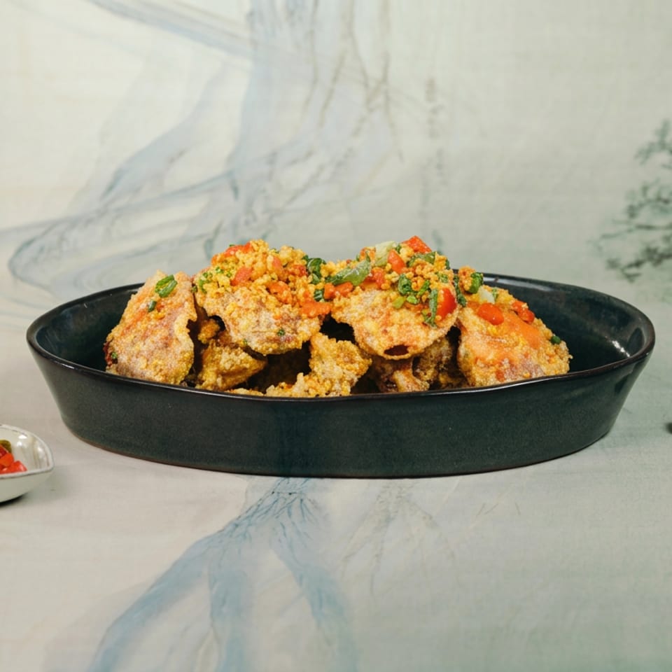 Crispy fried chicken pieces topped with peppers and green onions in a black bowl, accompanied by sliced chilies and chopsticks.